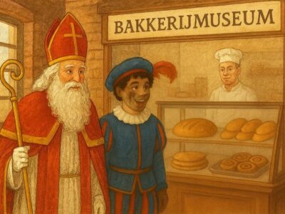 Sinterklaas en Piet bij een Bakkerijmuseum